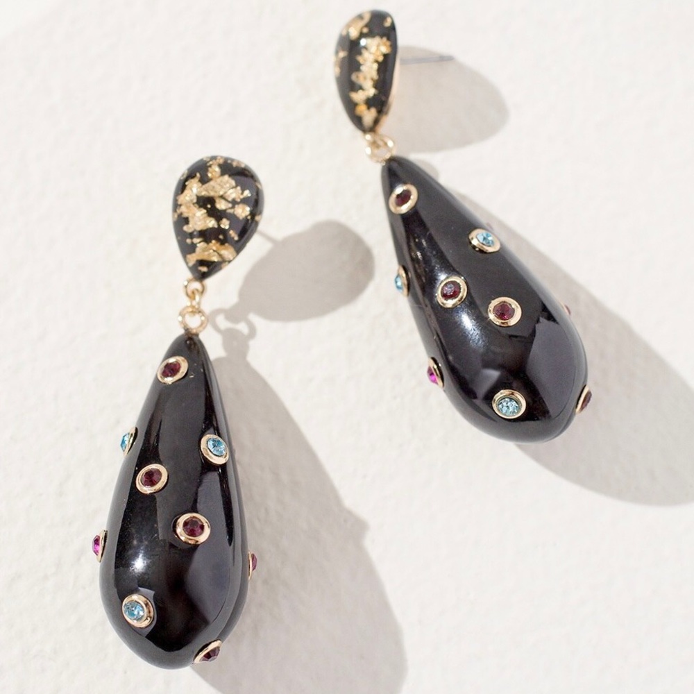 Chicos Womens Embellished Drop Post Teardrop Earrings Black w/colored stones EUC
